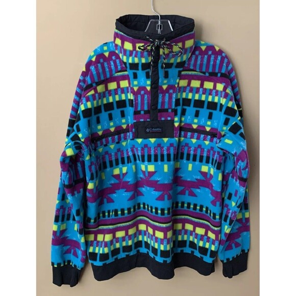 COLUMBIA Fleece Coat Sz Large Colorful High Neck Zip Pockets Aztec Print NWOT B7 - Picture 1 of 7